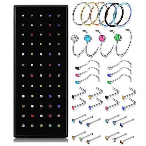 40/60PCS Crystal Stud Nose Ring Set 1.8mm Stainless Steel No