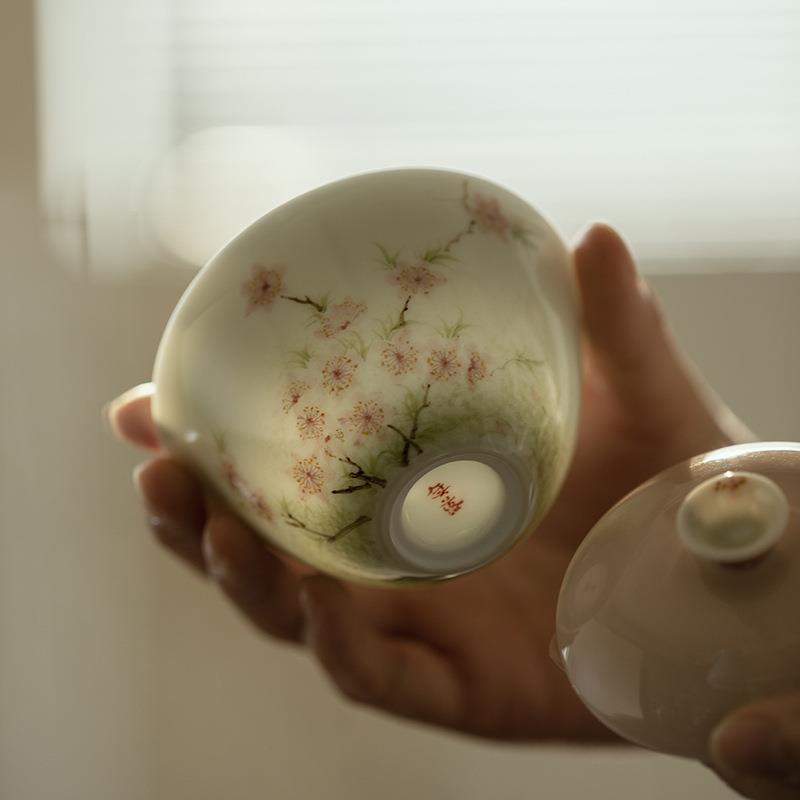 桃红手绘艳阳绽放盖碗釉下彩手工陶瓷泡茶碗茶杯单个功夫茶具