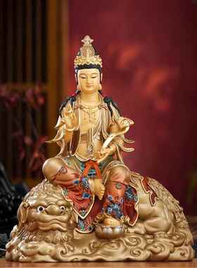 台湾纯铜文殊菩萨佛像浦县菩萨手绘华岩三圣家拜佛像饰品