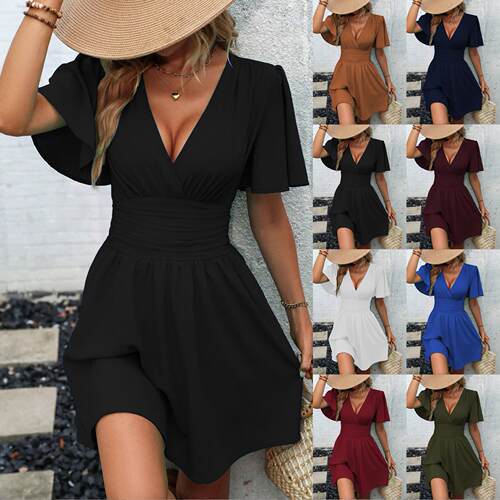 Womens V Neck Sleeveless Ruched Waist Mini Dress Summer