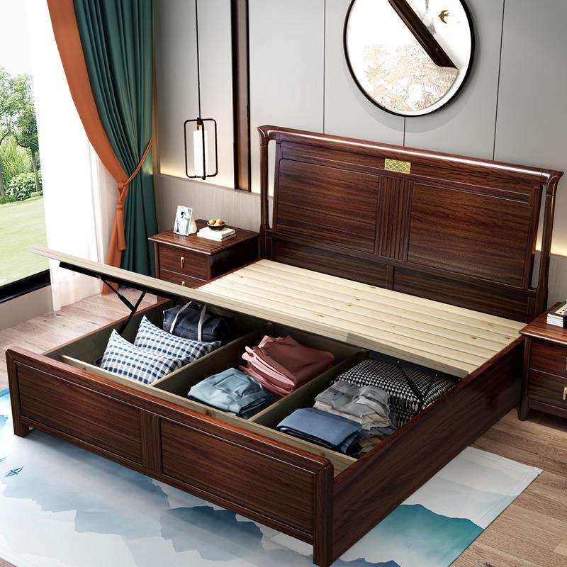 乌金木实木床1.8米现代简约双人床新中式主卧大床高箱储物床婚床