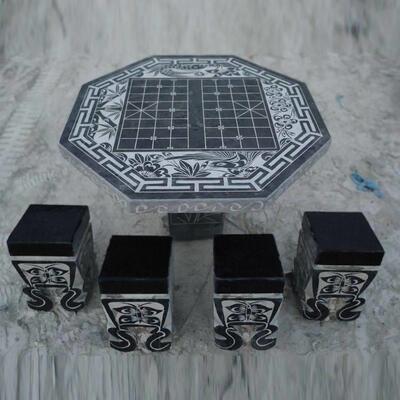 青石雕花石桌石凳庭院花园户外石桌椅子大理石圆桌家庭户外方桌