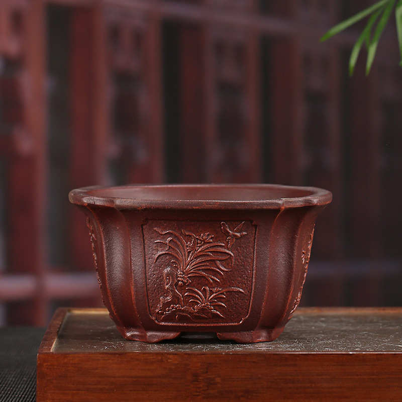 张治诚紫砂盆小中号圆口梅兰竹菊浮雕复古中式风多肉兰花盆ZSZ17