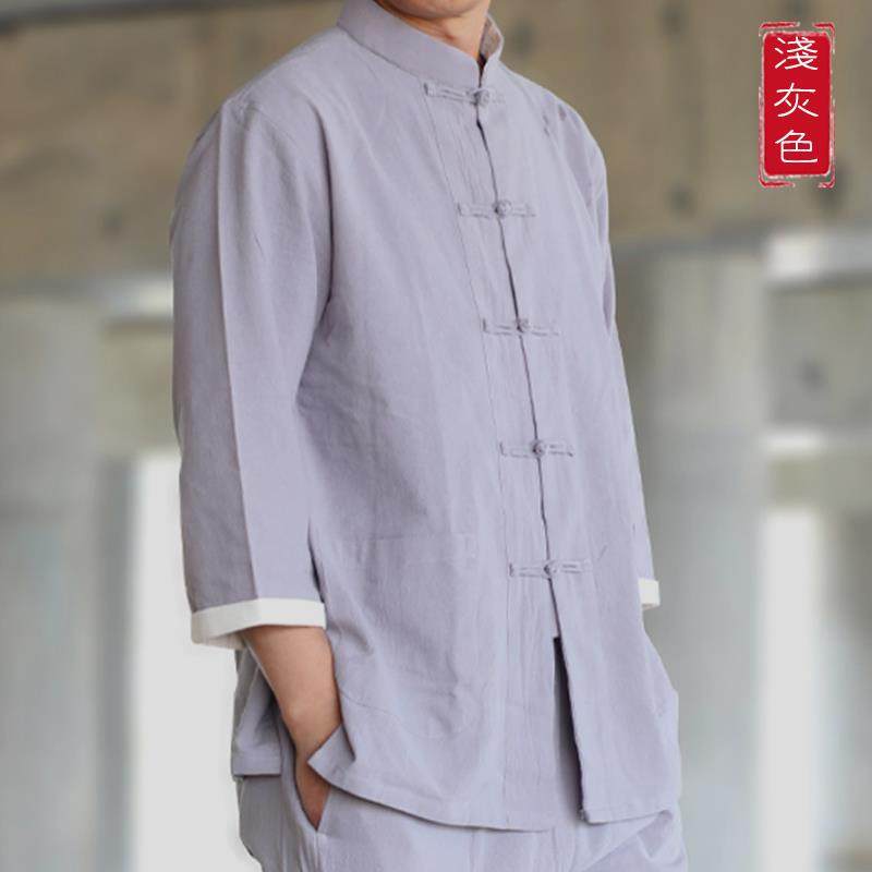 高档夏季棉麻中老年爸爸短袖唐休闲装中国套风装男中式上衣衬衫极