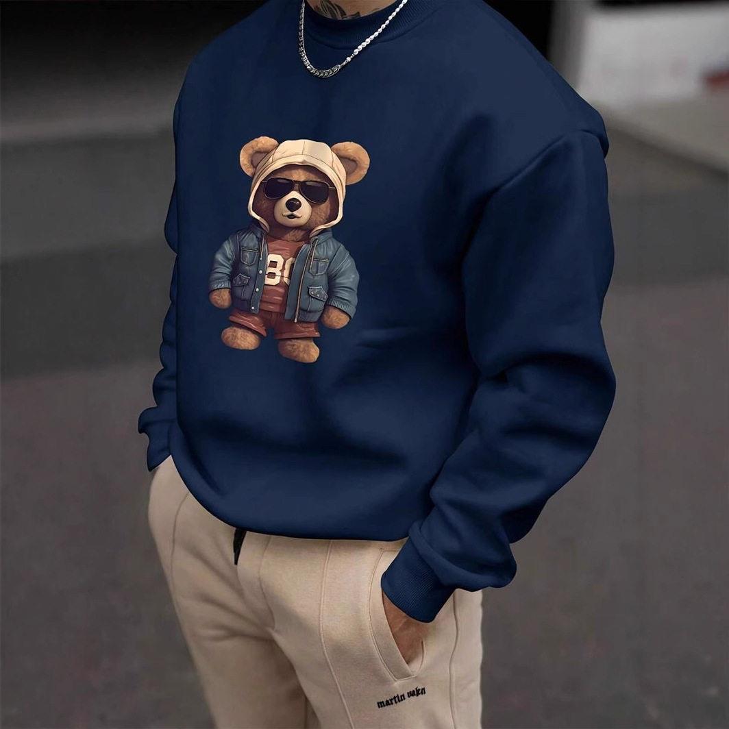 Men's Cartoon Bear Print Round Neck Tee