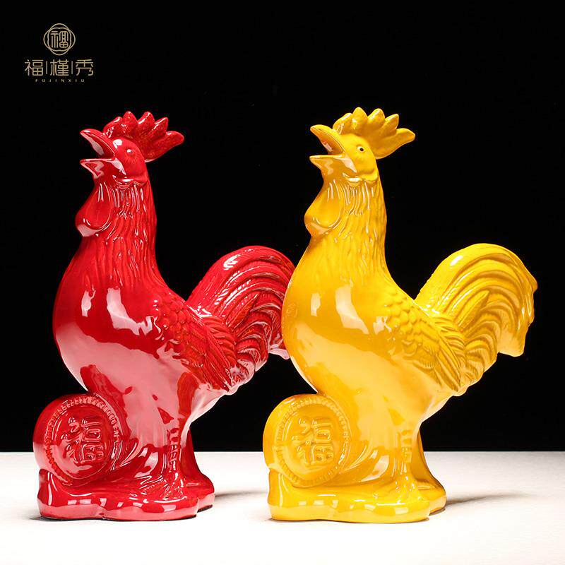中式红釉陶瓷公鸡摆件 生肖鸡开业礼品 客厅桌面动物工艺装饰品