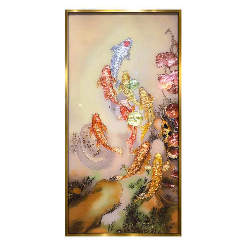 九鱼图珐琅彩新中式入户玄关装饰画轻奢客厅过道走廊挂画餐厅壁画