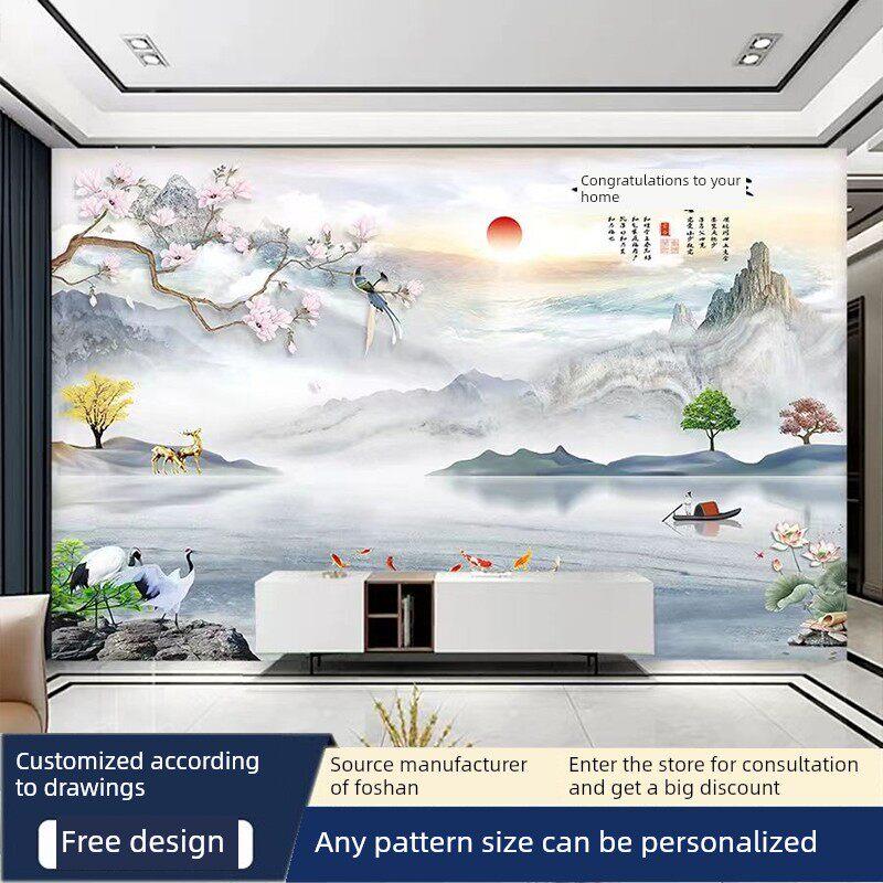 岩板电视背景墙新中式山水画客厅瓷砖微晶石现代简约轻奢影视墙