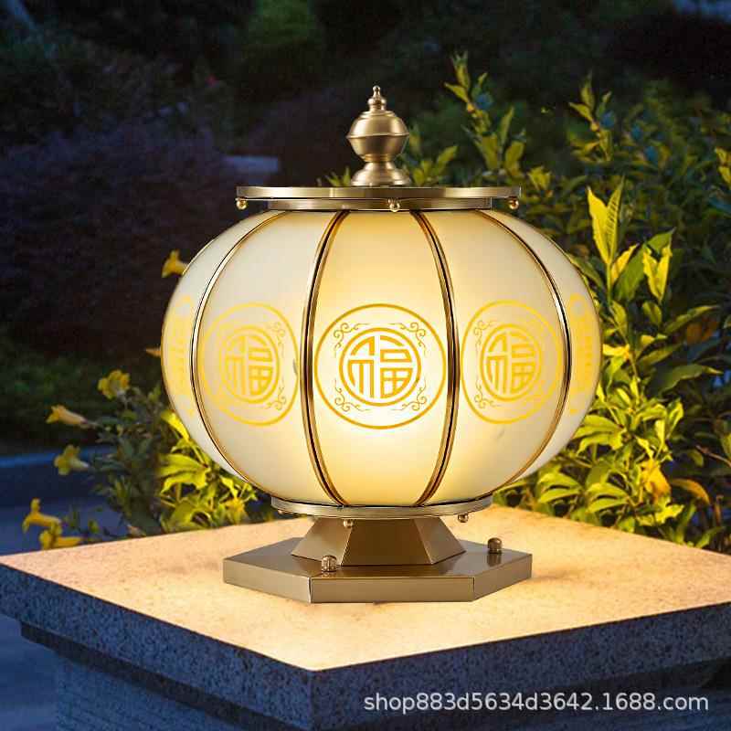 全铜太阳能柱头灯接电款防水别墅围墙柱子灯户外新中式庭院门柱灯