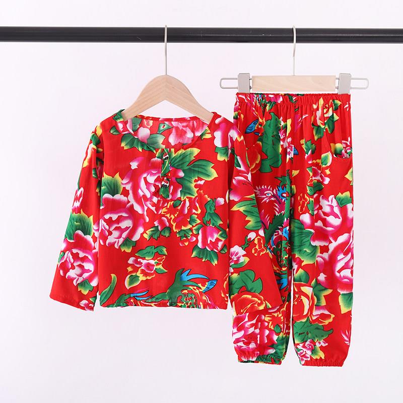 夏棉绸家居服儿童长袖套装人造棉空调服幼儿中小童睡衣花布防蚊服