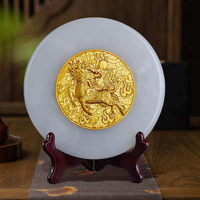玉盘玉璧天然玉石平安扣摆件马到成功金属镶嵌装饰工艺品乔迁礼品