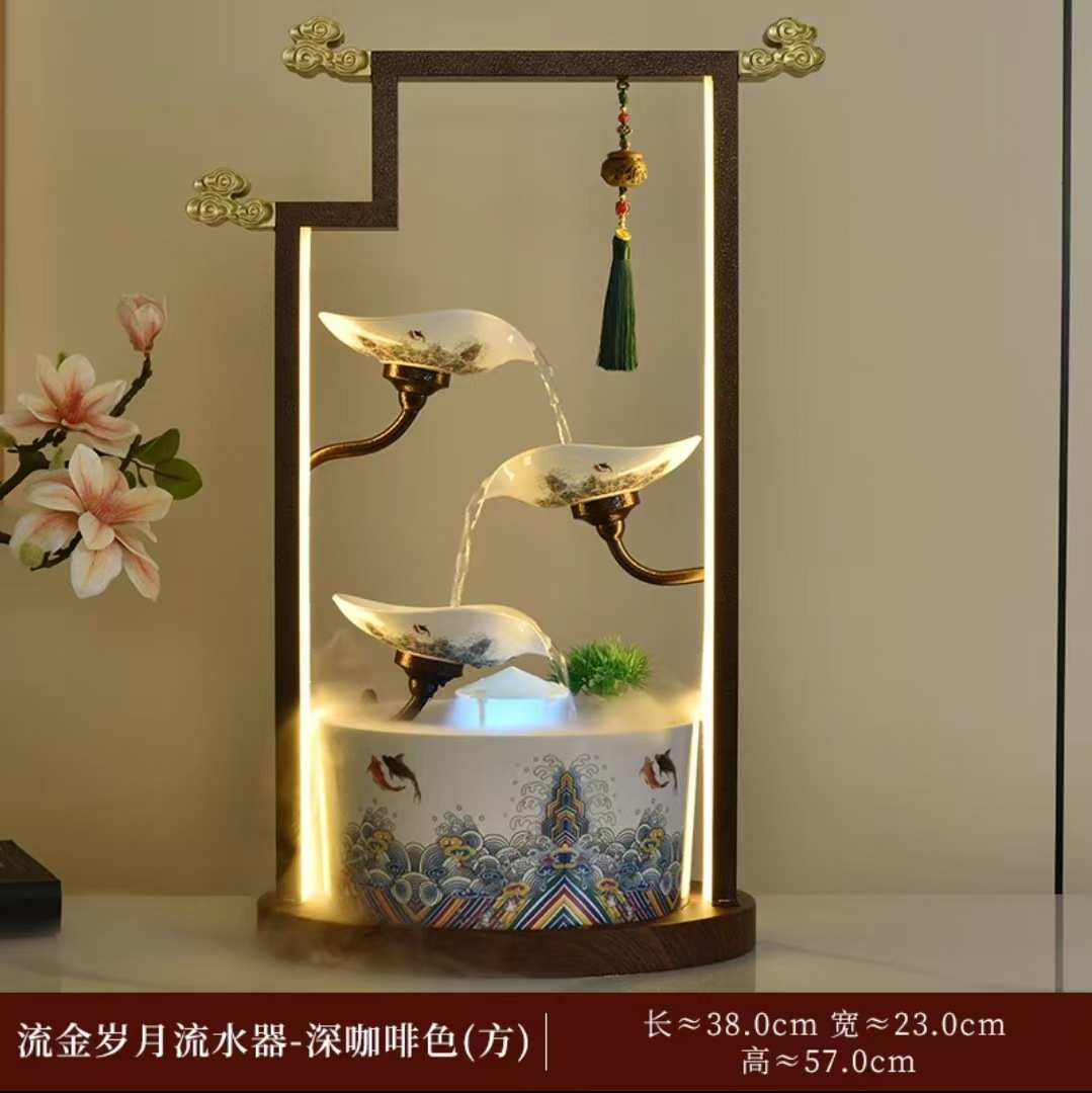 新流水玄关样板间装饰品招财高级循环水中式几摆件客厅边感电视柜