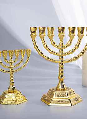 烛台摆件现货锌合金礼品金灯台金属7头以色列金灯台menorah