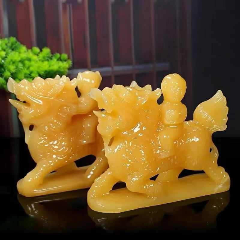 天然米黄玉送子麒麟摆件吉祥玉麒麟客厅卧室室内金童玉女工艺品