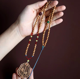 印度老山檀香5mm 108颗佛珠手串项链搭配挂牌镶嵌南红蜜蜡青金石