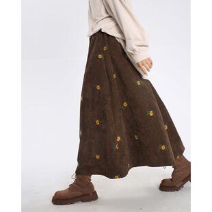 Womens Retro Corduroy Skirt Autumn Winter Embroidered Floral