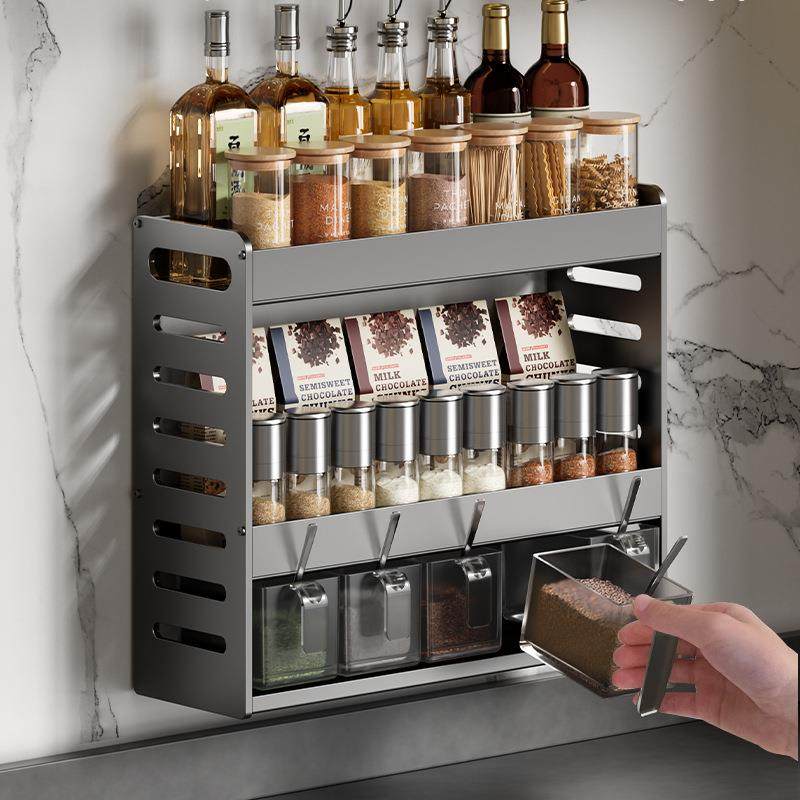 多层厨房置物架墙上调味盒收纳架太空铝免打孔厨房用品调料瓶挂架