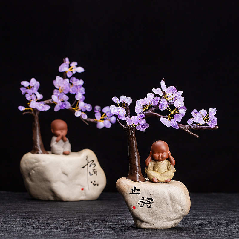 星雨 天然紫水晶树粗陶陶瓷摆件水晶花盆 室内家居办公桌创意摆件