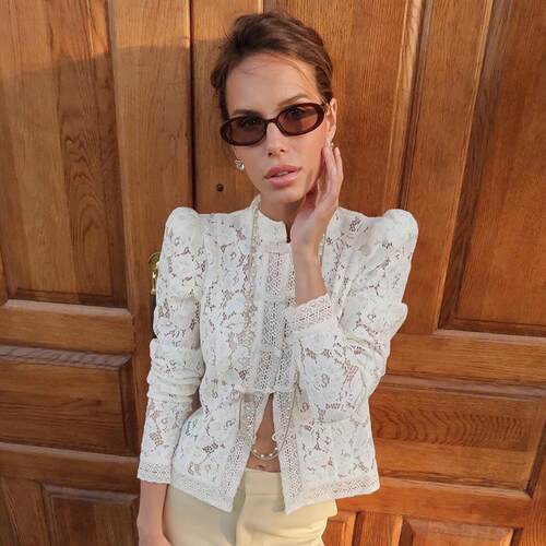 Women'S Puff Long Sleeve Lace Sheer Hollow Out Tops High