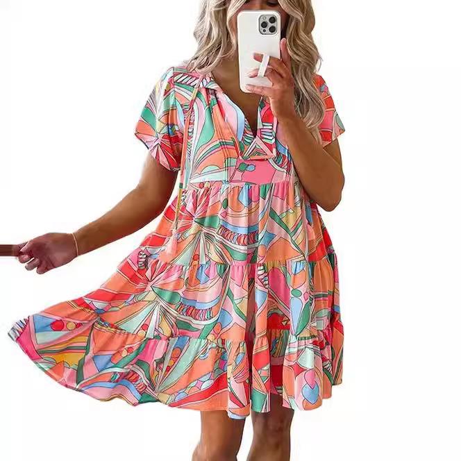 waist skirt knee-length casual pullover V-neck mini dress