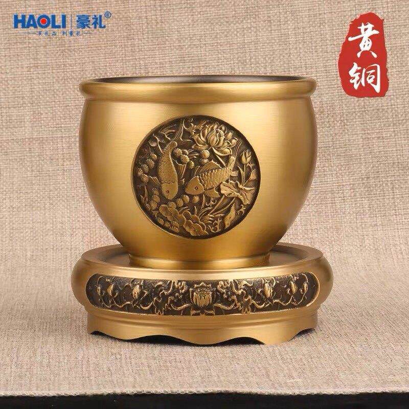 年年有余 余铜缸黄铜水缸客厅摆件纯铜莲花底座中式家居覆古雕刻