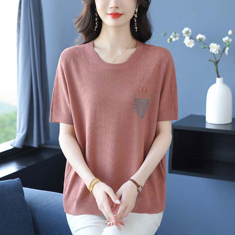 胖妈妈桑蚕丝夏季圆领短袖针织衫女宽松大尺码洋派T恤冰丝薄款上