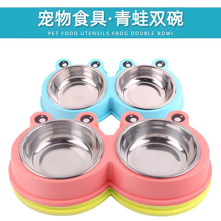 宠物碗塑料卡通青蛙双碗宠物不锈钢碗宠物喂食器猫碗狗盆宠物用品