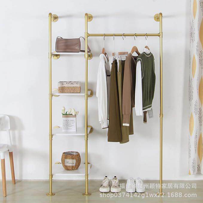 跨境水管工业展示架落地式陈列架收纳架组合金色服装店衣服挂衣架