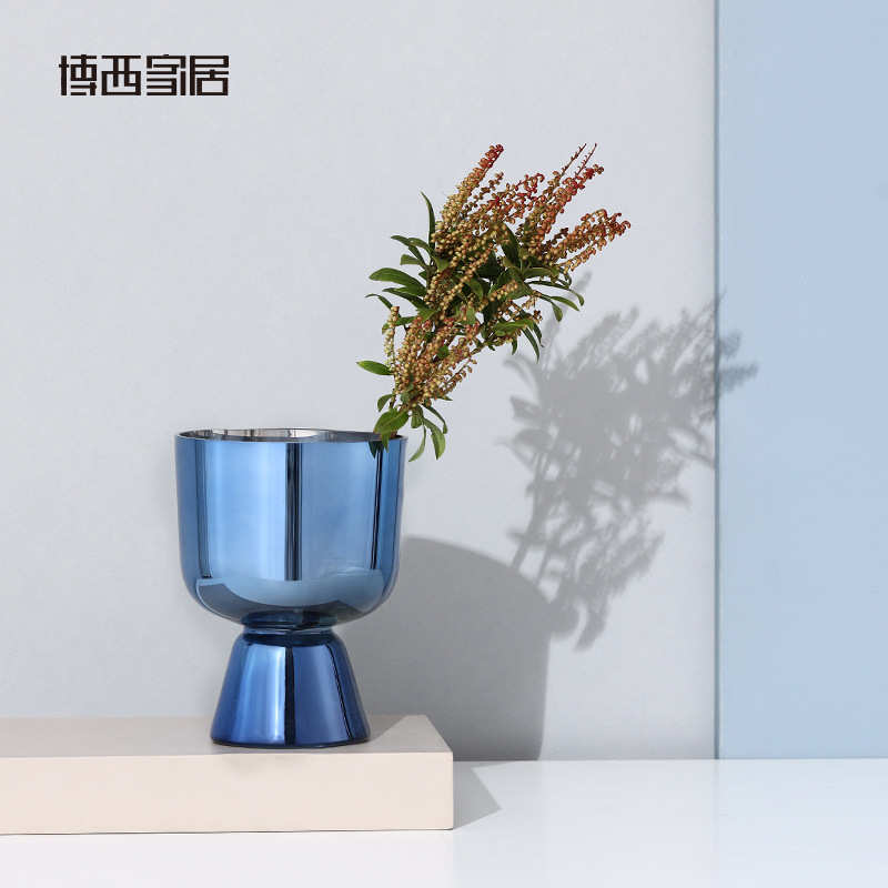 博西家居 电镀铝绿色水杯型高脚水培玻璃花瓶家居客厅装饰插花器