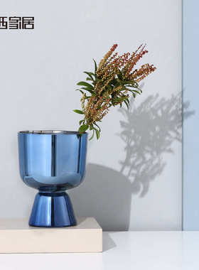 博西家居 电镀铝绿色水杯型高脚水培玻璃花瓶家居客厅装饰插花器