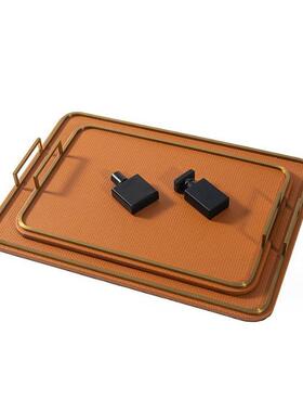 艺贝子现代轻奢橙色皮质长方形衣帽间收纳皮革托盘售楼处软装饰品