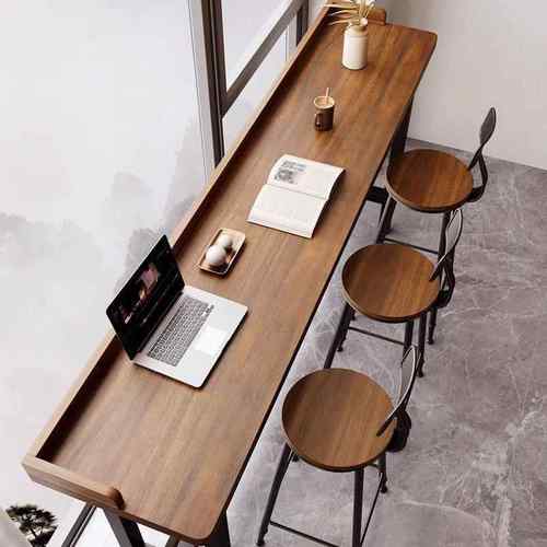 新款阳台吧台桌子简约实木长条挡板桌靠窗靠墙窄条高脚桌椅组合