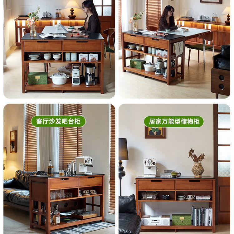 复古厨房实木岩板岛台餐桌一体中岛台料理台客厅餐边吧台柜储物柜图片