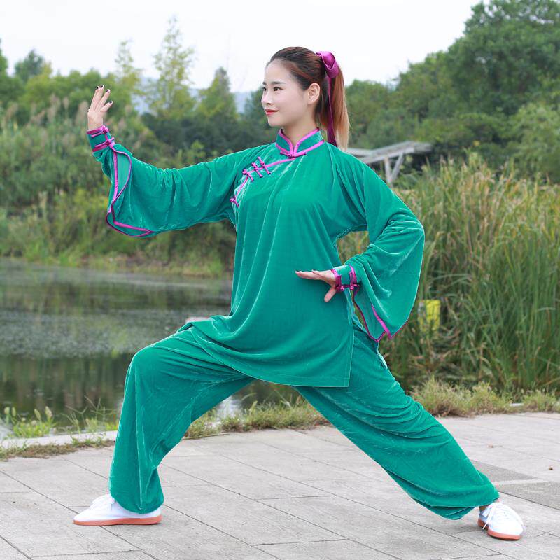 正品太斜襟收腰加长秋冬加厚金丝绒极服功武术服中老年练表演赛服