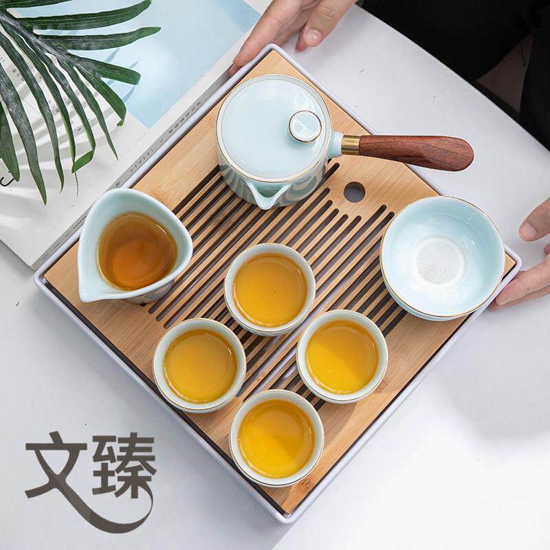 羊脂玉甜白瓷功夫茶具侧把壶小套装轻奢简约家用整套带托 托盘