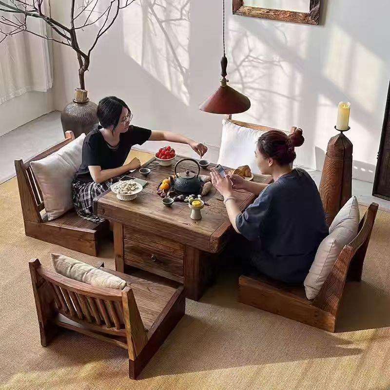实木煮茶桌老榆木复工复户外烧烤桌庭院围炉煮茶桌冬日火锅烤火桌
