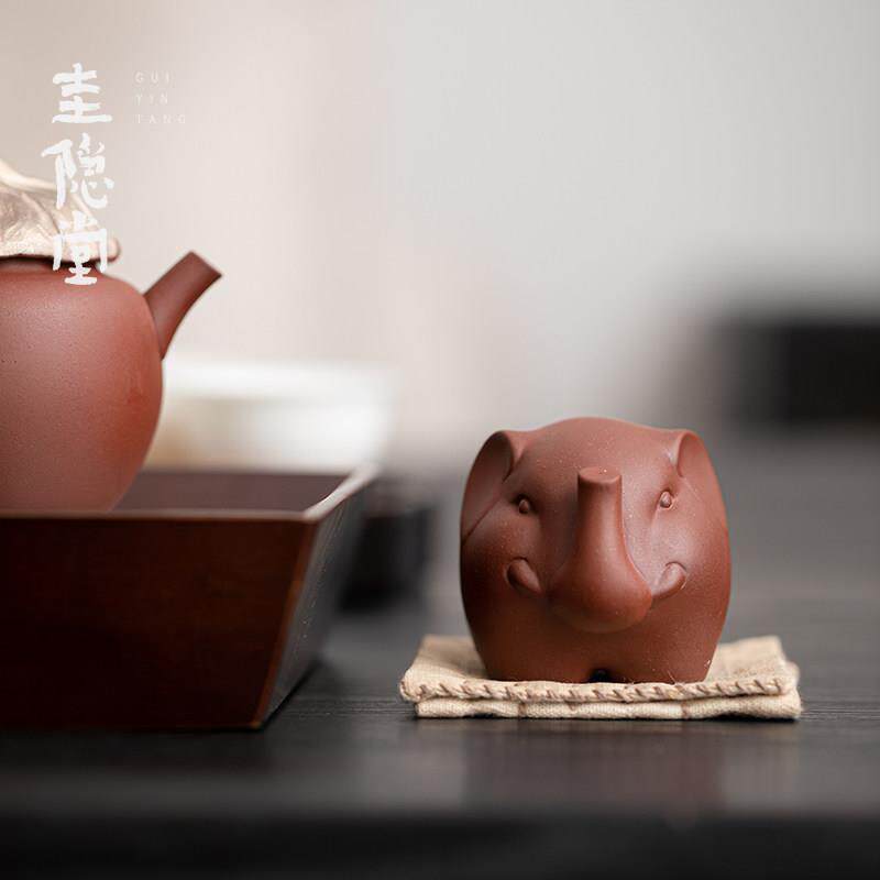 文圭隐IZO堂紫砂水茶小喷象茶宠茶玩手工陶泥可养壶盖置茶搁玩小