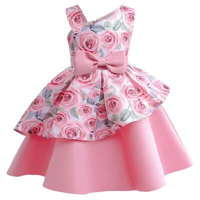Princess Dress For Baby Girls Floral Bow Sloping Shoulder