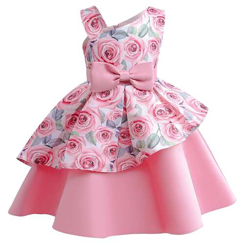 Princess Dress For Baby Girls Floral Bow Sloping Shoulder