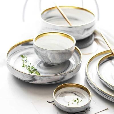Marble - gilt ceramic western tableware set, bowl, plate
