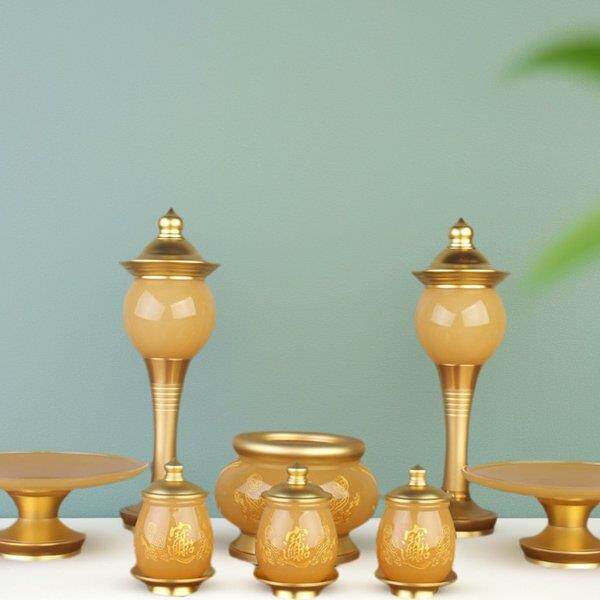 琉璃黄玉套佛具套装供财神爷观音素面香炉果盘水杯供灯家用摆件