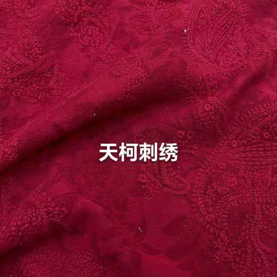 新年红黏胶棉麻仿手工粗线刺绣腰果图提花布老粗布绣花面料