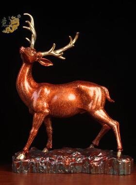 真古意 黄铜鹿摆件 铜鹿客厅书房装饰创意铜像家居工艺礼品摆饰摆