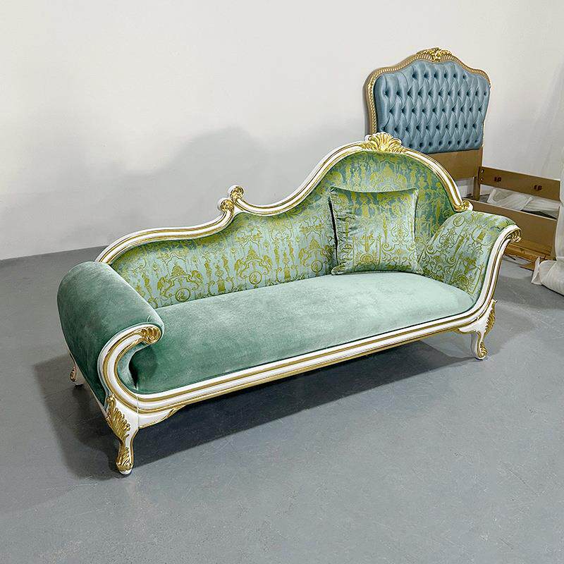 法式布艺贵妃椅 欧式实木美人榻绿色刺绣躺椅懒人椅卧室床尾踏