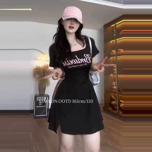 大尺码纯欲风辣妹撞色开叉洋装女夏季胖mm美式复古遮肉巨显瘦短裙
