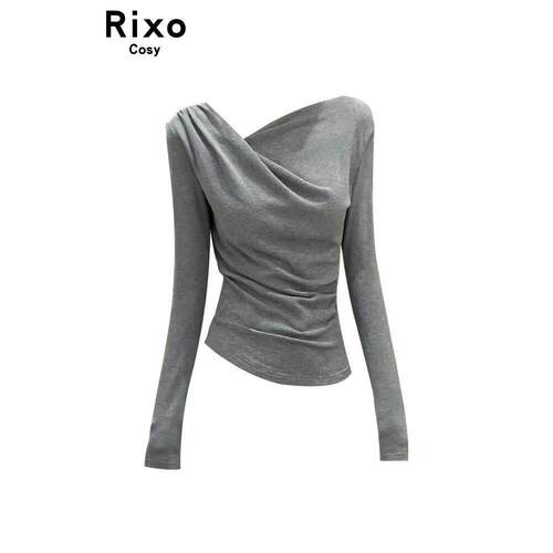 Rixo Cosy C位瘦瘦Tee 纯欲大领口抽褶设计长袖T恤女宽松白色上衣