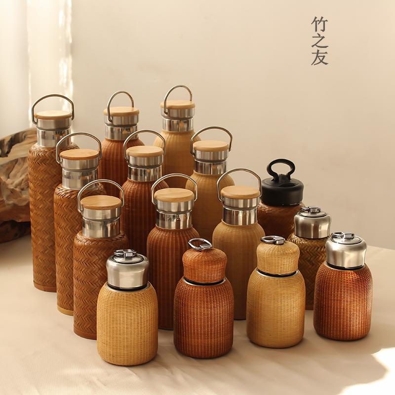 竹编水杯保温杯手工扣丝老式复古小号茶杯304不锈钢高档便携杯子