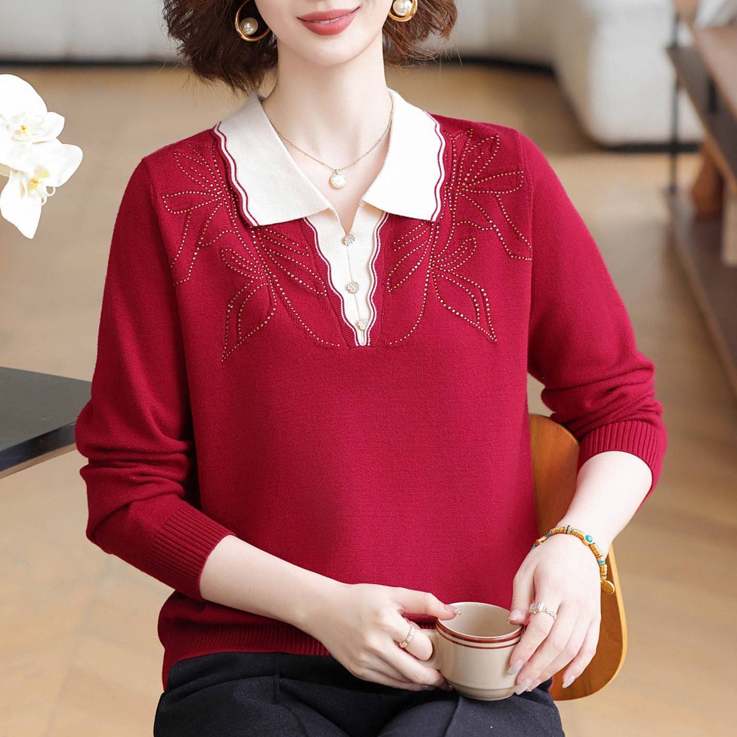 秋季胖妈妈翻领羊毛衫大尺码女装中老年宽松遮肚羊绒衫上衣200斤