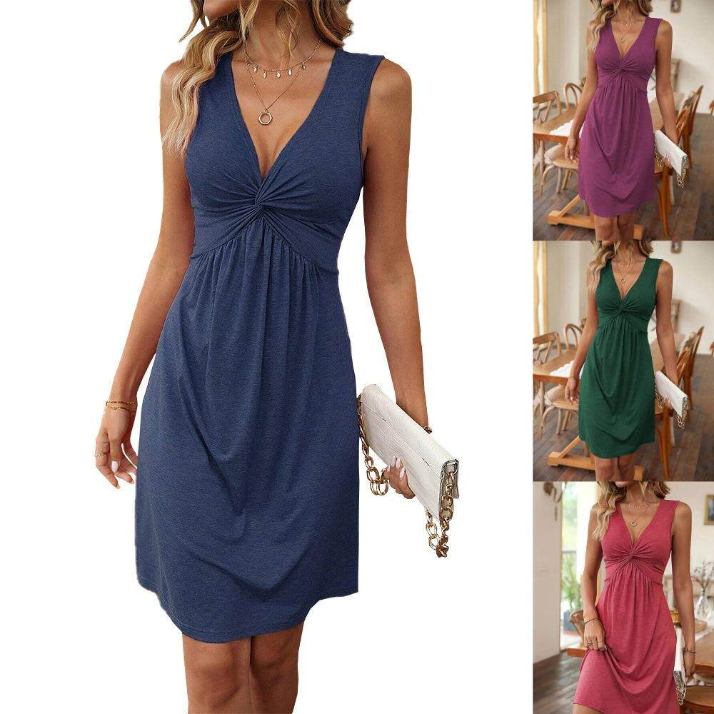 Line Dress Summer Women V Neck Ruched Bust Waist Elastic