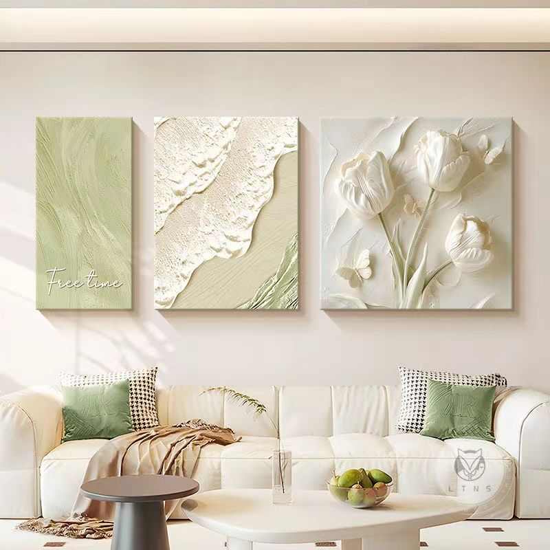 花卉奶油立体浮雕感客厅装饰画简约沙发背景墙肌理挂画三联画图片